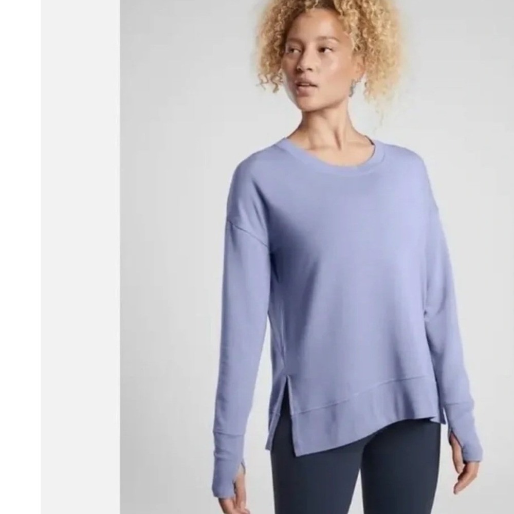 Athleta NEW Coaster Luxe Women Blue Sweatshirt Thumbholes SMALL Athleisure Cozy